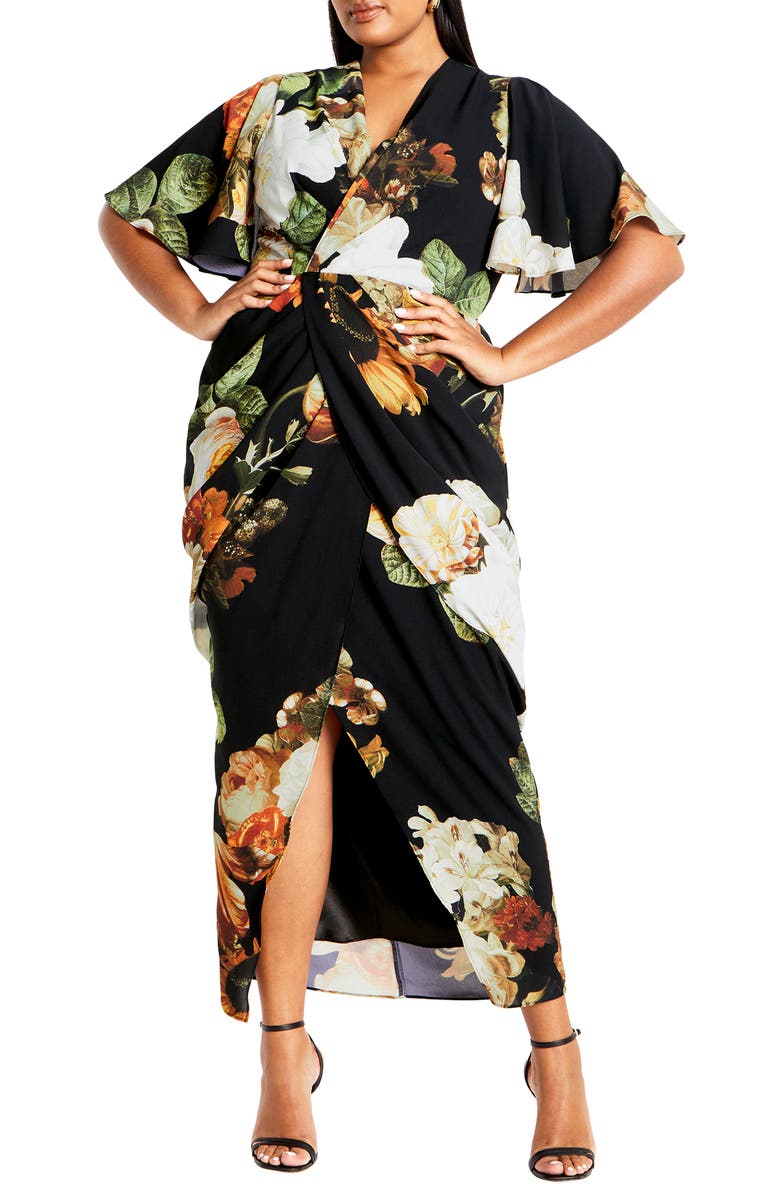 City Chic Braelynn Print Faux Wrap Maxi Dress, Main, color, 
