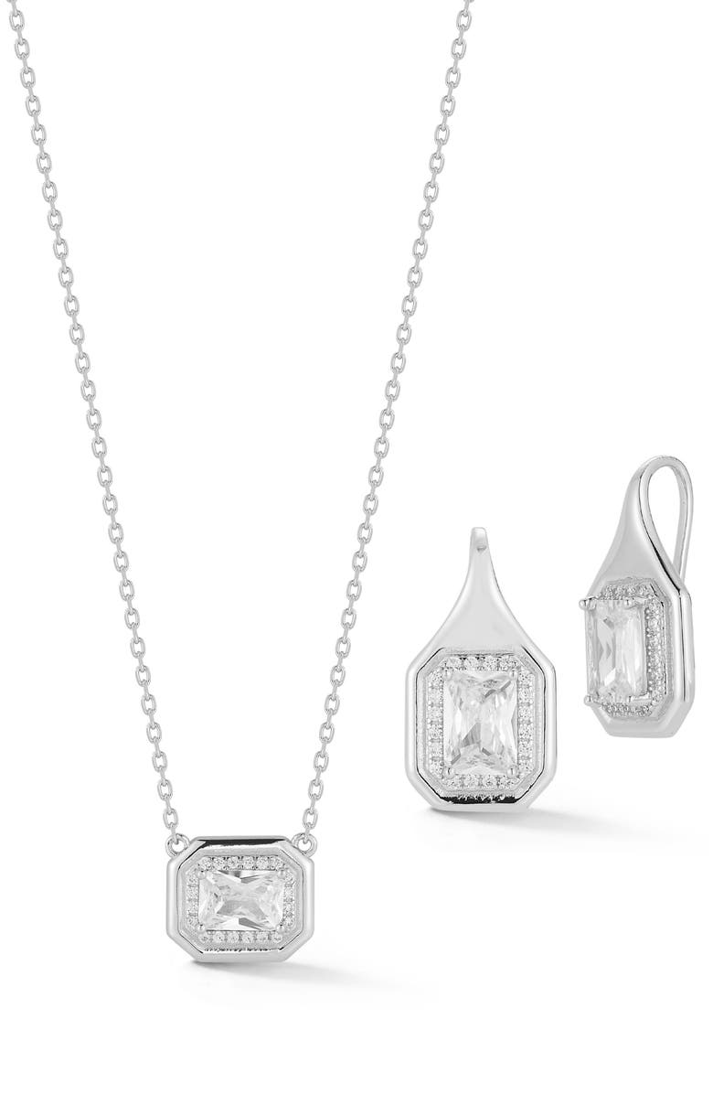 GLAZE JEWELRY Cubic Zirconia Pendant Necklace & Drop Earrings Set, Main, color, Silver