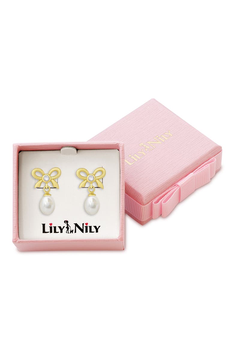 Kids' Cubic Zirconia & Pearl Bow Drop Earrings, Alternate, color, GOLD