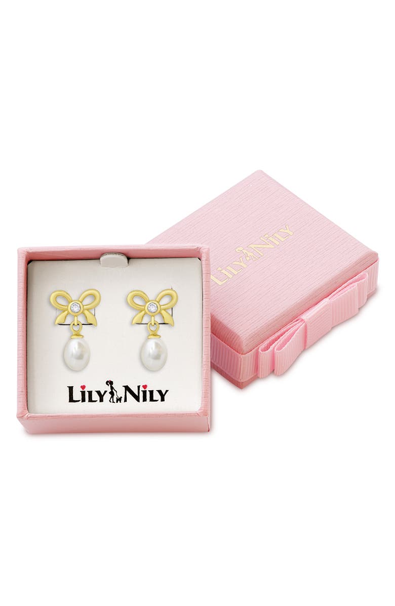 Lily Nily Kids' Cubic Zirconia & Pearl Bow Drop Earrings, Alternate, color, Gold