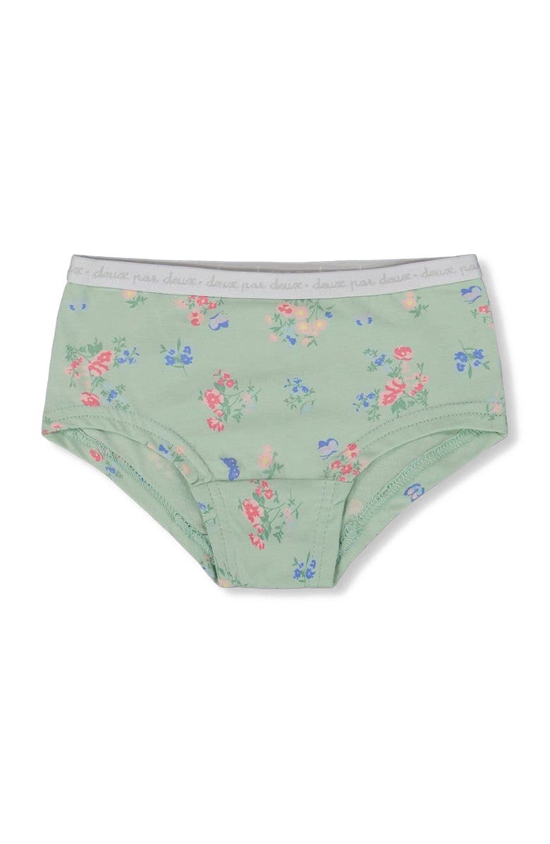 Deux par Deux Girl's Printed Organic Cotton Boyshort Panty Small Pink And Blue Flowers On Light Sage, Alternate, color,