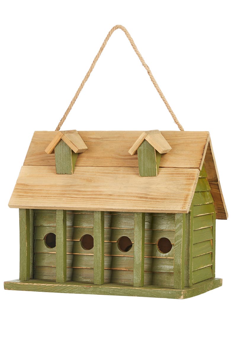 14.25"L Oversized Distressed Solid Wood Cottage Birdhouse with Natural Wood Roof, Main, color, Green