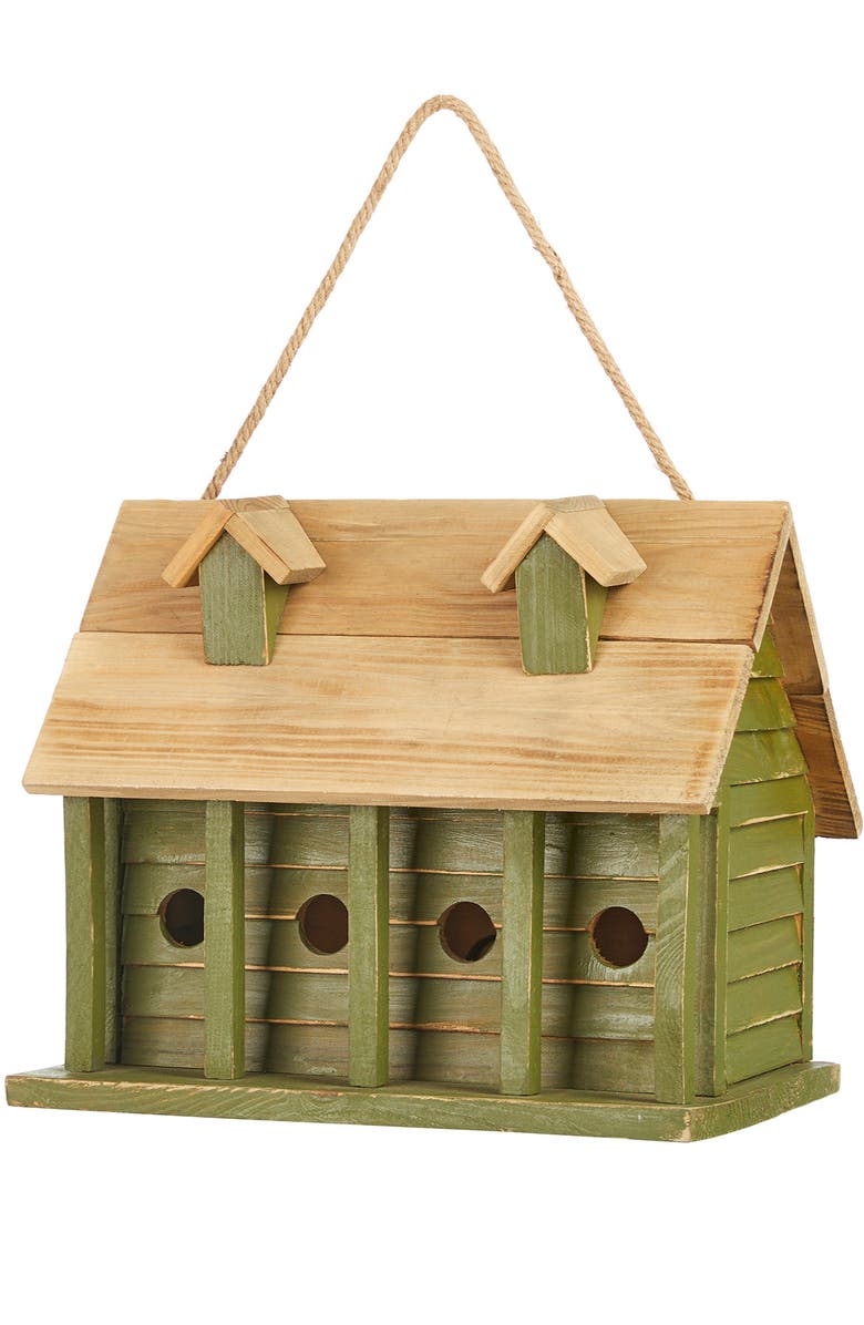 Glitzhome 14.25"L Oversized Distressed Solid Wood Cottage Birdhouse with Natural Wood Roof, Main, color, Green