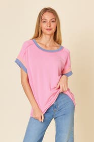 PinkBlush Ribbed Colorblock Detail Short Sleeve Top