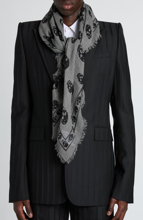 Skull Houndstooth Wool & Silk Fringe Scarf