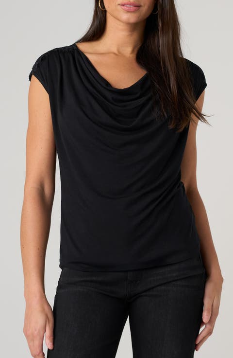 Draped Neck Sleeveless Top with Lace Trim