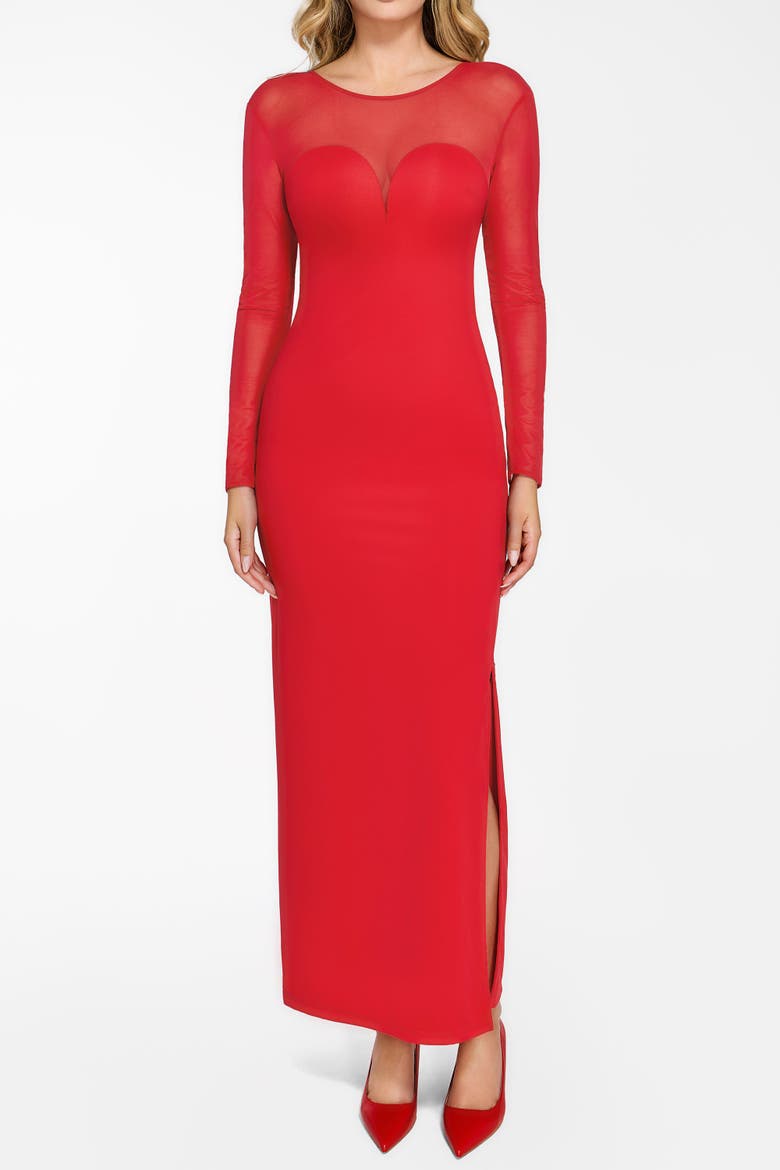 Shapewear Mesh Long Sleeve V-Back Slimming Maxi Dress, Alternate, color, Bright red