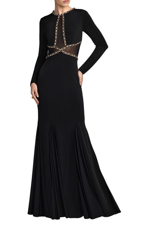 Crystal Trim Illusion Mermaid Gown