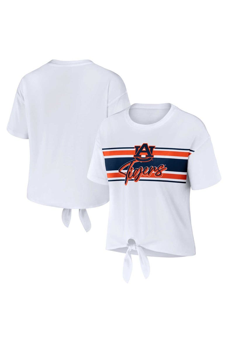 Women's WEAR by Erin Andrews White Auburn Tigers Striped Front Knot Cropped T-Shirt, Main, color, White