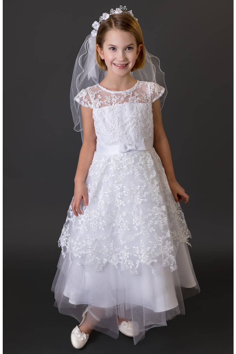 Kids' Embroidered Lace First Communion Dress, Alternate, color, WHITE