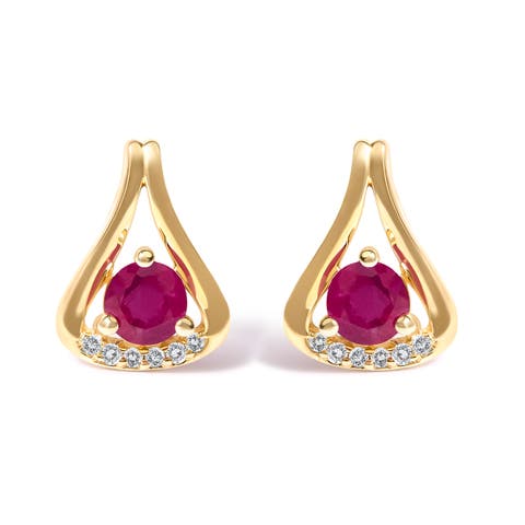 14K Yellow Gold Red Ruby and Diamond Accent Teardrop Stud Earrings