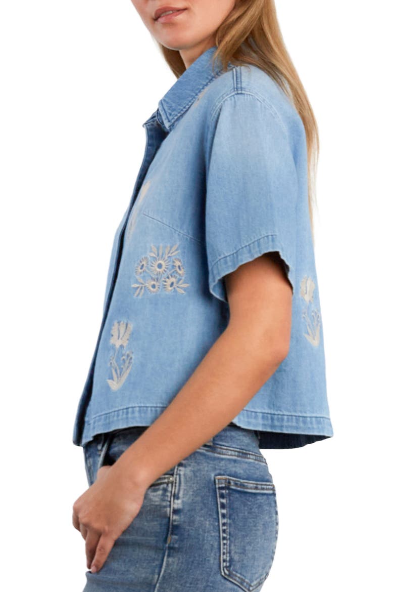 Floral Stitched Crop Denim Shirt, Alternate, color, FLEUR BLUE