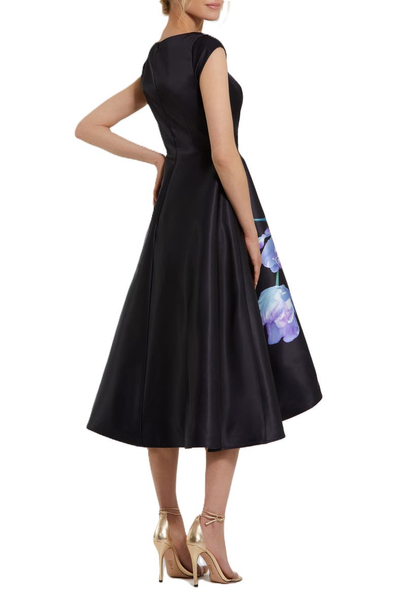 Mac Duggal Satin Cap Sleeve Midi Dress With Floral Print, Alternate, color, Black Multi