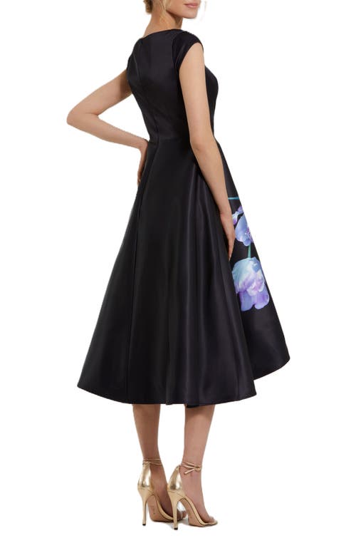 Mac Duggal Satin Cap Sleeve Midi Dress With Floral Print In Black Multi
