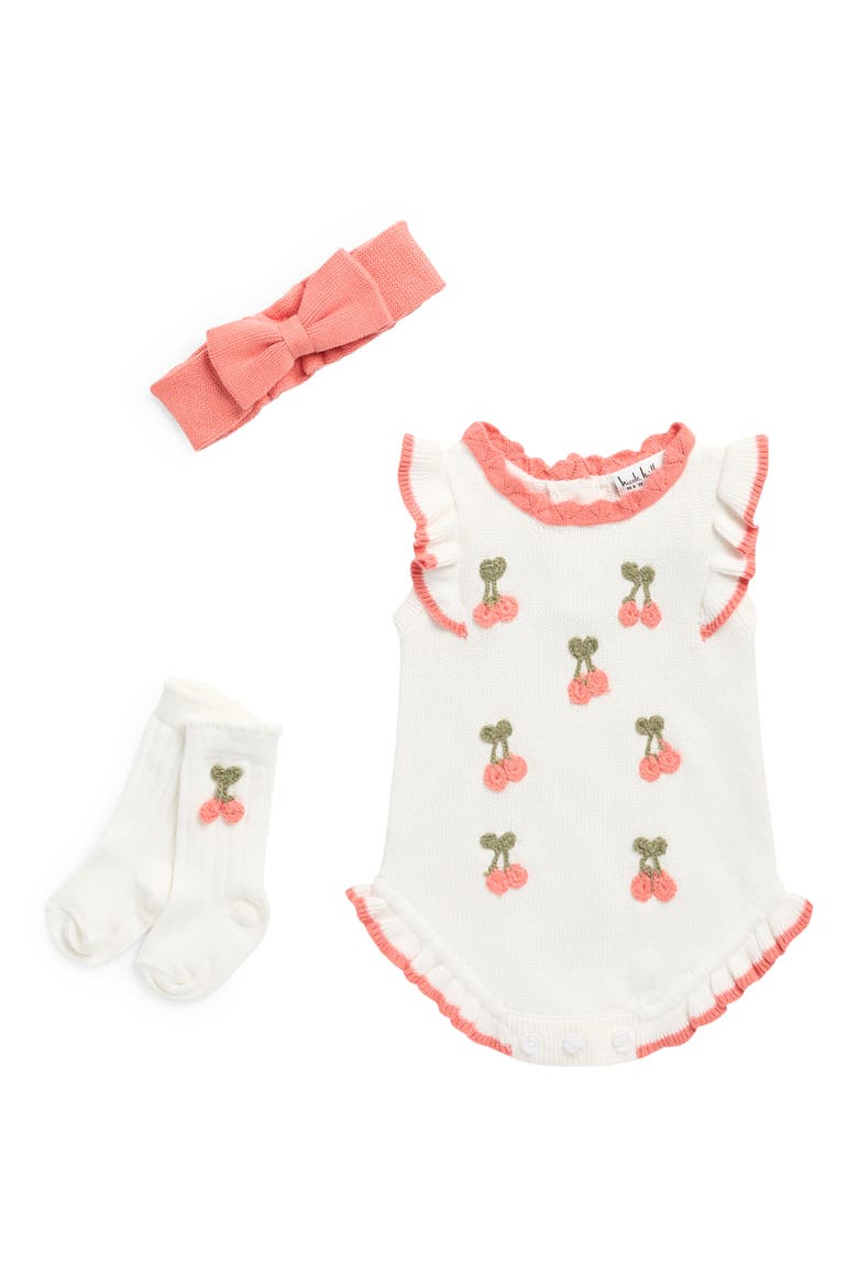 Berry Embroidered Sweater Romper, Headband & Socks Set, Main, color, LANTANA