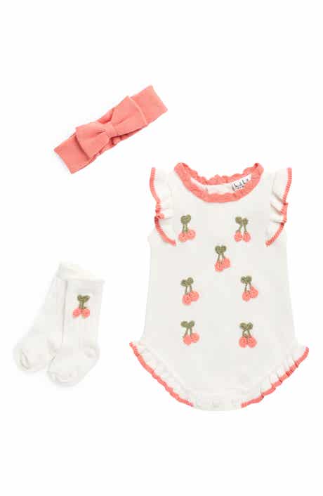 Nicole Miller Berry Embroidered Sweater Romper, Headband & Socks Set