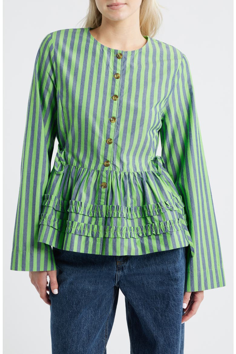Madison Stripe Organic Cotton Peplum Button-Up Top, Main, color, GREEN