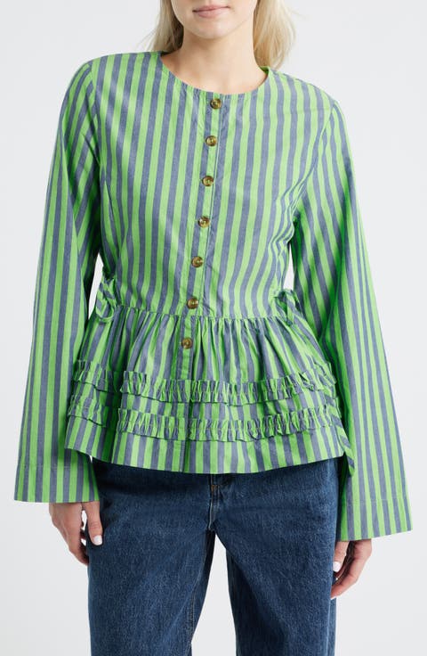 Madison Stripe Organic Cotton Peplum Button-Up Top