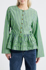 Damson Madder Madison Stripe Organic Cotton Peplum Button-Up Top