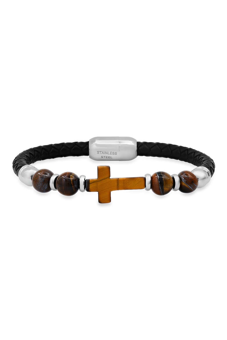 Mens' Bead & Braided Leather Bracelet, Main, color, SILVER/ BROWN/ BLACK