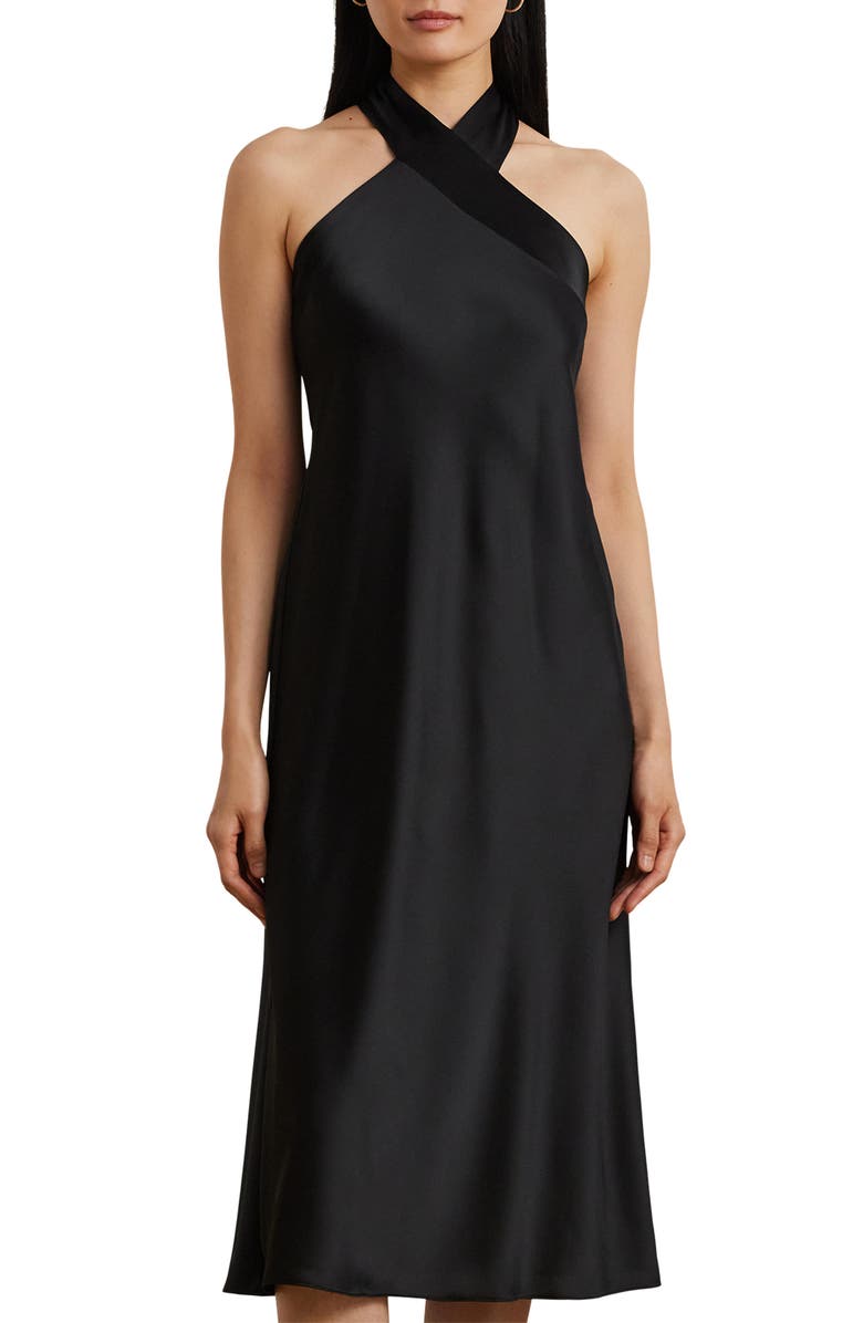 Lauren Ralph Lauren Satin Charmeuse Cocktail Halter Dress, Alternate, color, Black