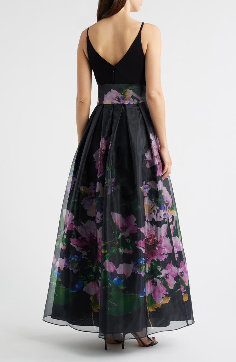 Eliza J Placed Floral Mixed Media Gown, Alternate, color, Black Multi