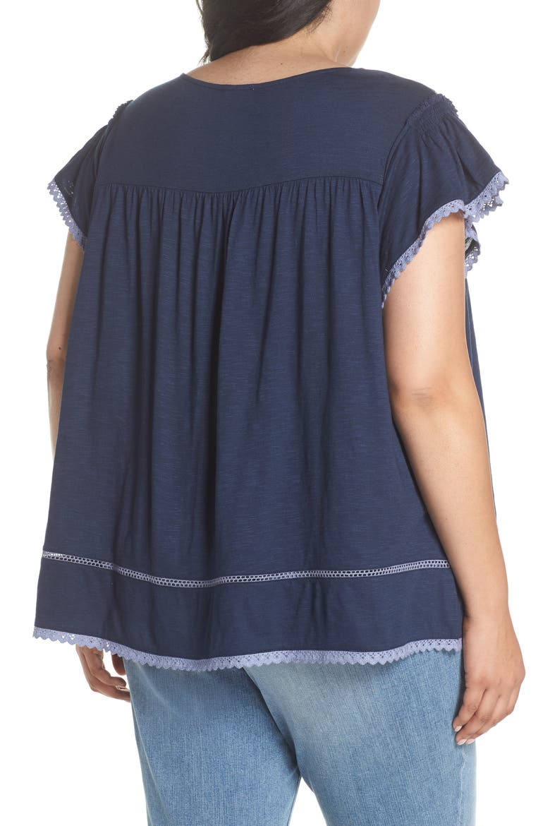 Lace Inset Boho Tee, Alternate, color, NAVY- YELLOW ABRIL PATTERN