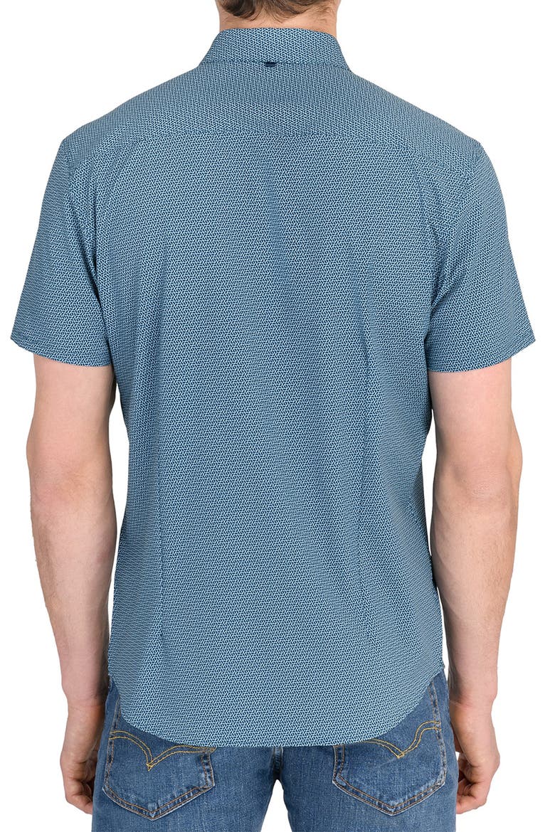 Trim Fit Hexagon Print Short Sleeve Performance Button-Up Shirt, Alternate, color, TEAL