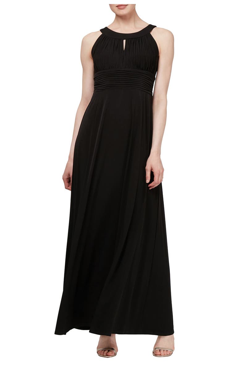 SLNY Ruched Waist Keyhole Maxi Dress, Main, color, Black