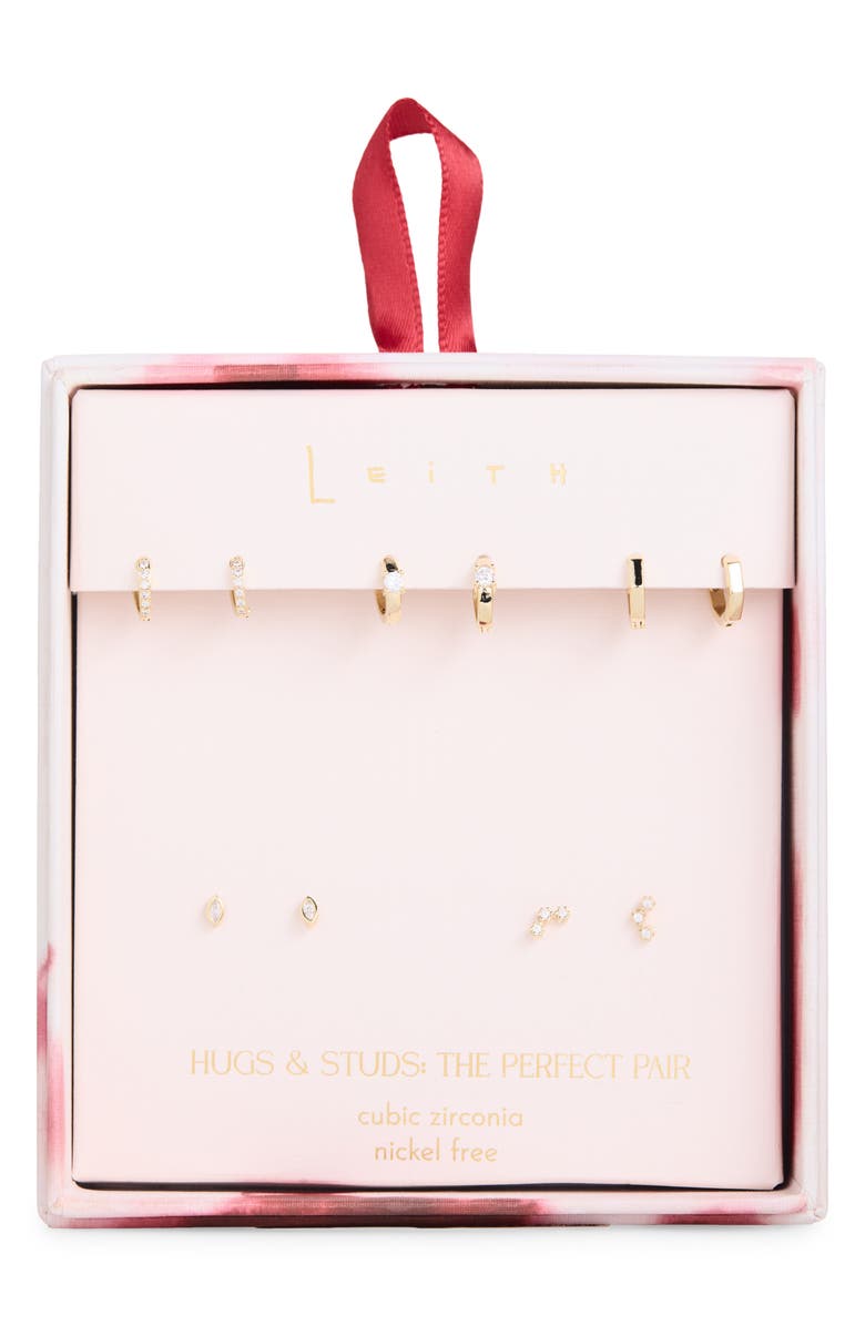 Leith Set of 5 Cubic Zirconia Stud & Huggie Hoop Earrings, Main, color, Clear- Gold