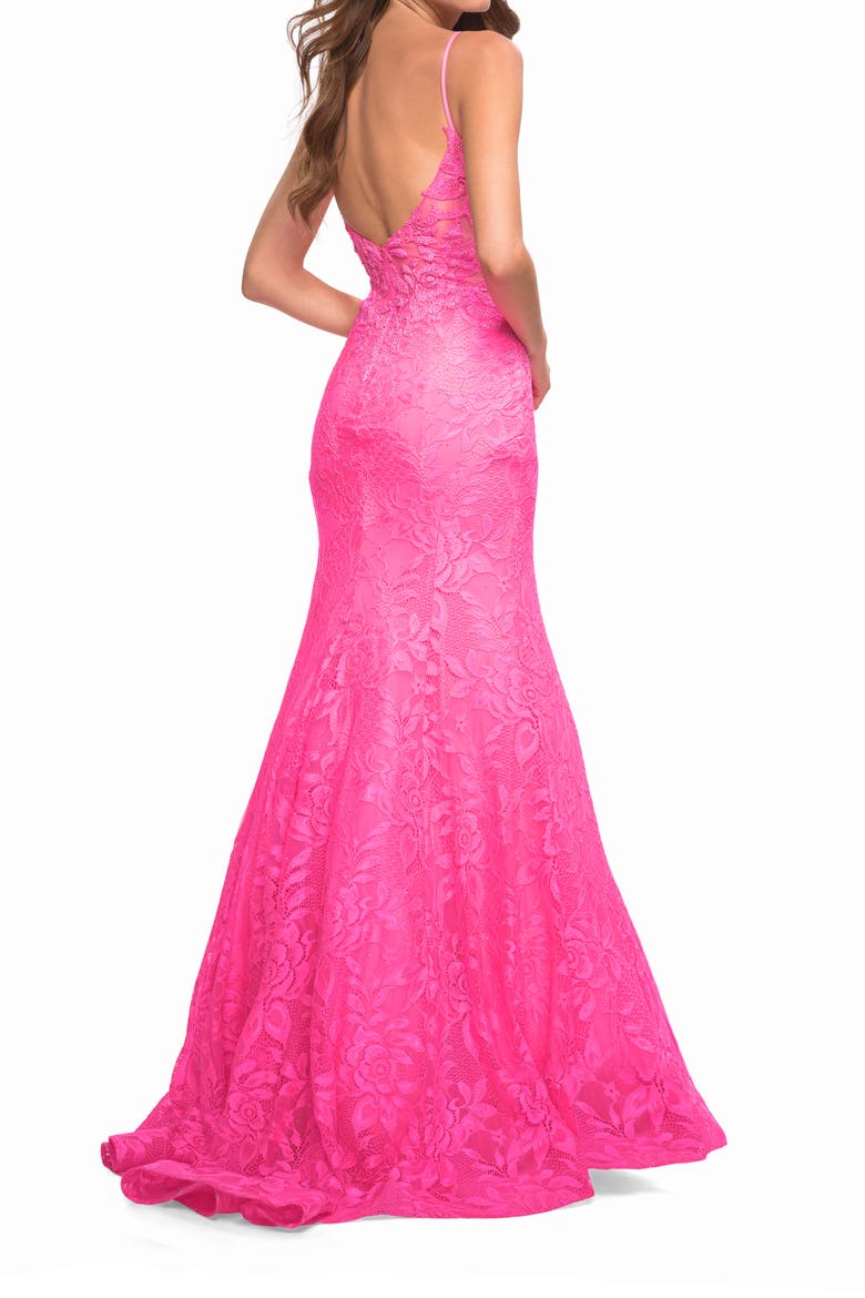 Neon Pink Mermaid Lace Prom Dress with Sheer Jeweled Bodice, Alternate, color, Neon Pink
