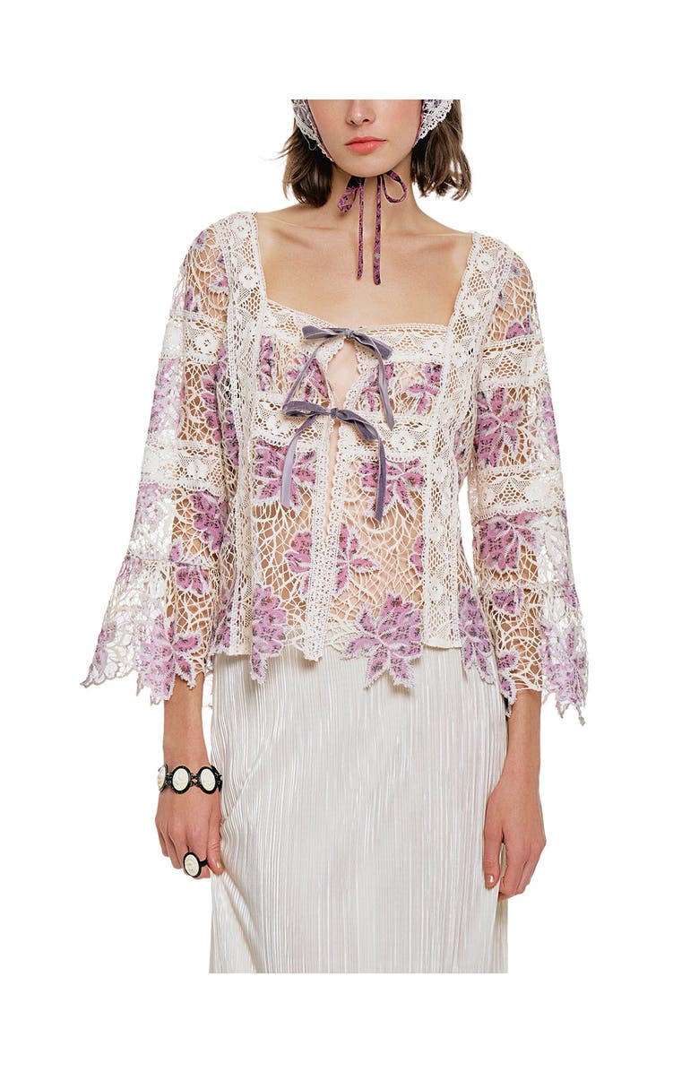 Anna Sui Medallion Floral Lace Tie Blouse, Main, color, Mauve/Cream