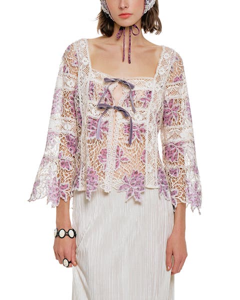 Medallion Floral Lace Tie Blouse