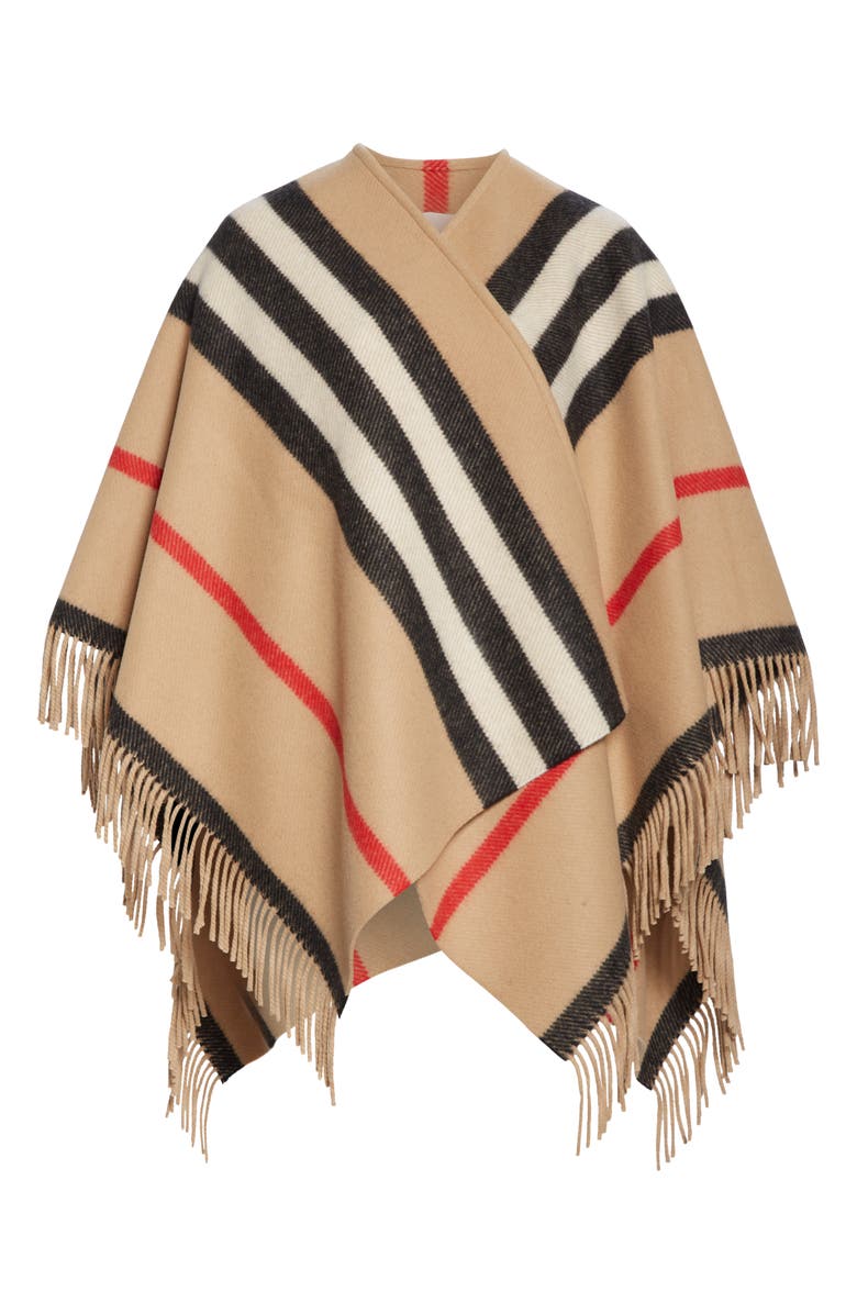 Burberry Stripe Fringe Wool Cape, Alternate, color, 