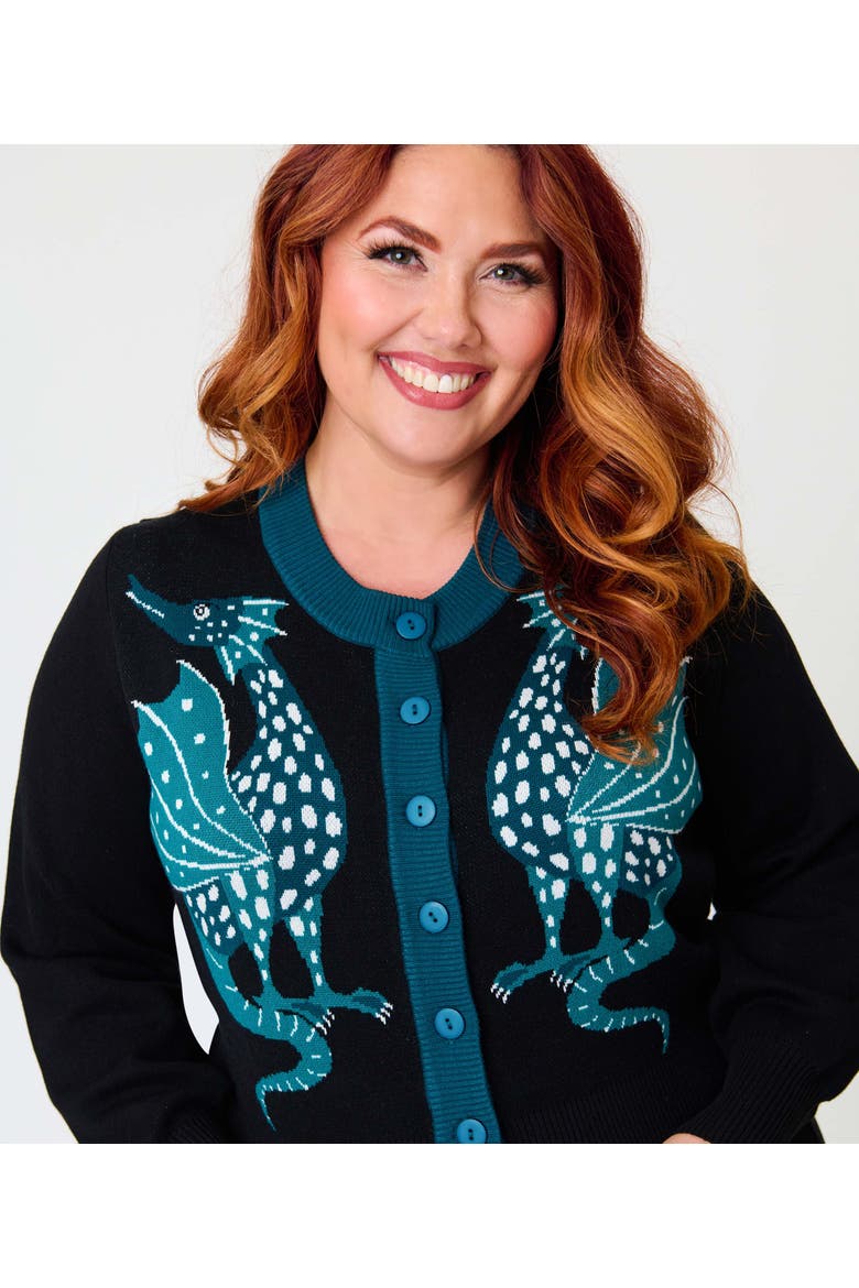 Plus Size 1950s Cropped Cardigan, Alternate, color, Black Dragon Print