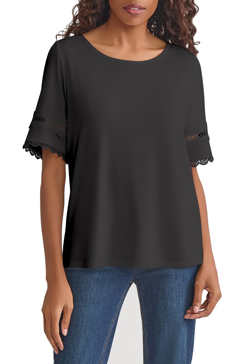 Jones New York Lace Cutout Trim Top, Main, color, Jones Black