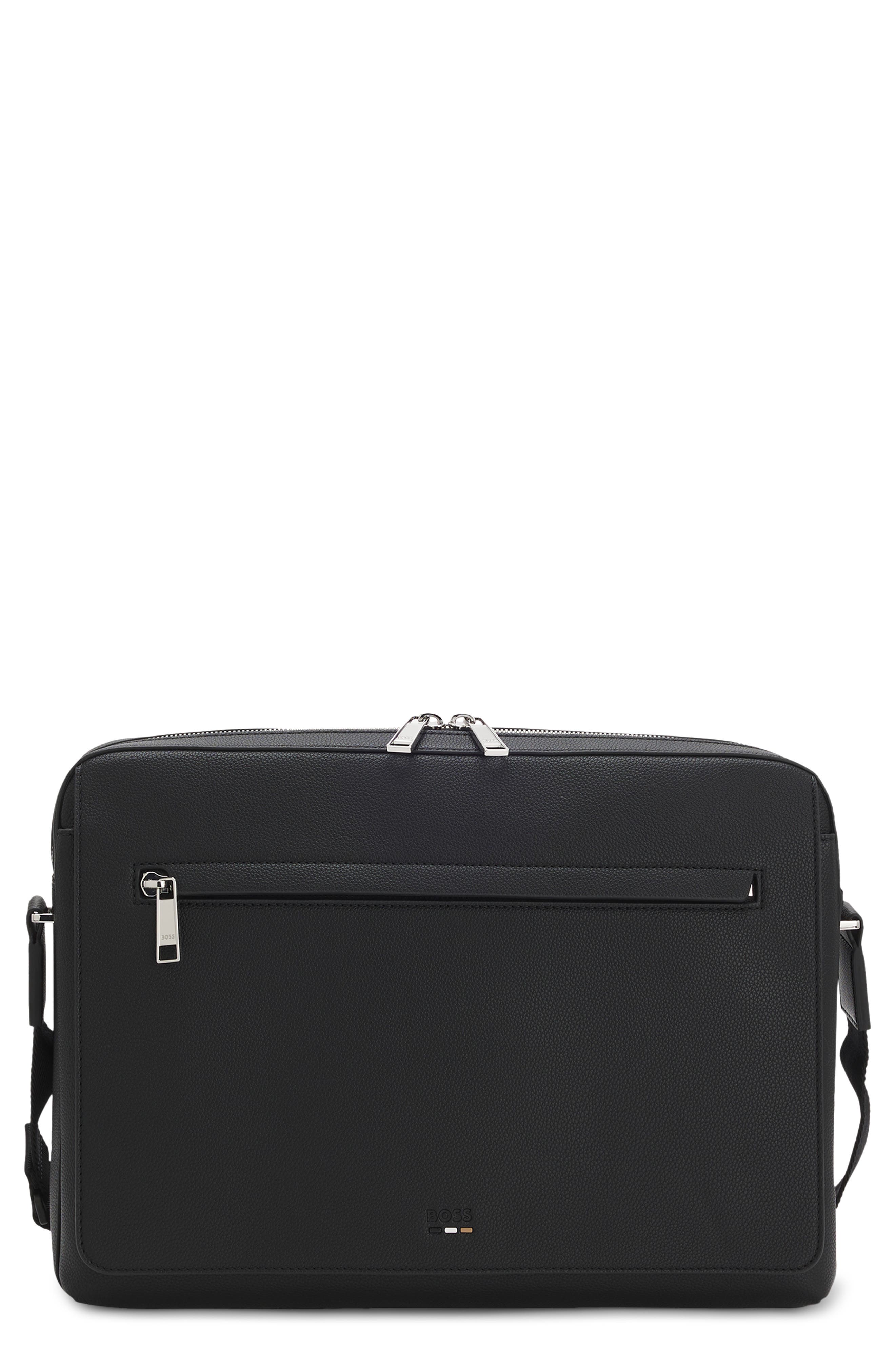 HUGO Ray Faux Leather Messenger Bag, Main, color, Black