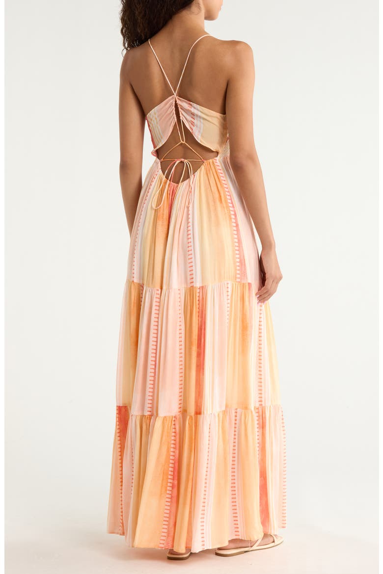Print Tiered Halter Maxi Dress, Alternate, color, CORAL STROVIA