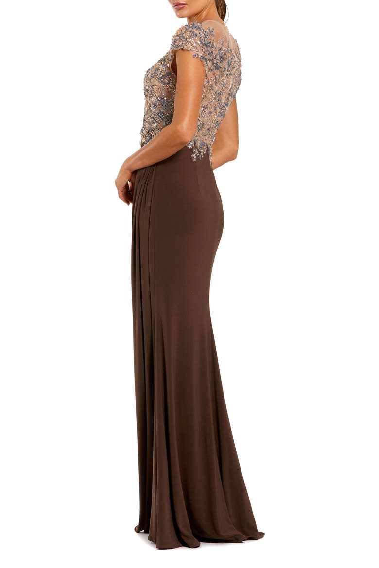 Women's Crystal-Embellished Jersey Evening Gown with Sheer Bodice, Alternate, color, Chocolate