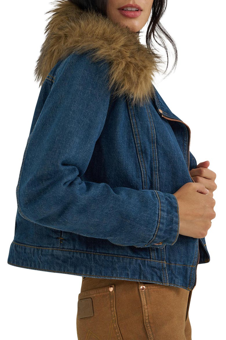x Lainey Wilson Faux Fur Trim Denim Jacket, Alternate, color, DENIM