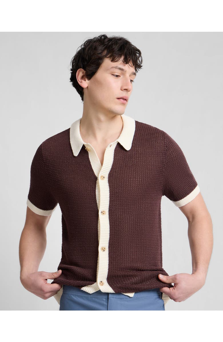 Onia Linen Short Sleeve Button Up Sweater, Alternate, color, Espresso/Egret