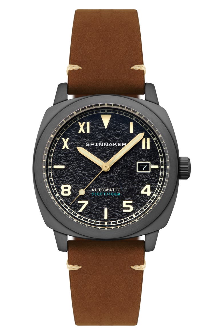 Hull California Automatic Leather Strap Watch, 42mm, Main, color, BLACK