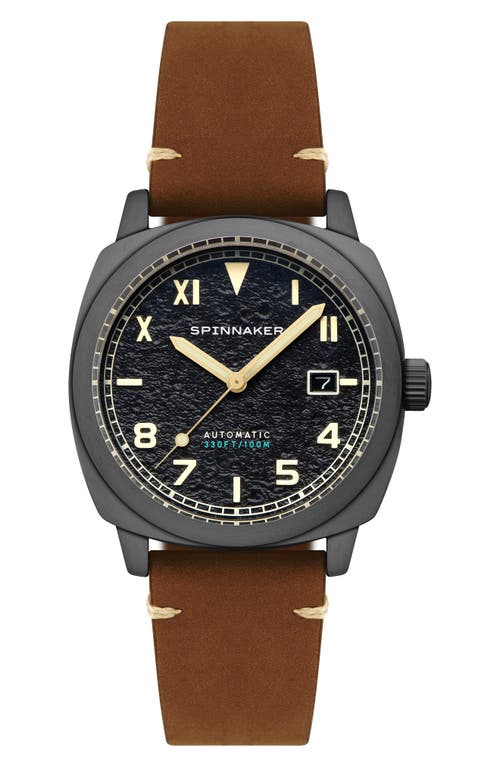 SPINNAKER Hull California Automatic Leather Strap Watch, 42mm in Black at Nordstrom