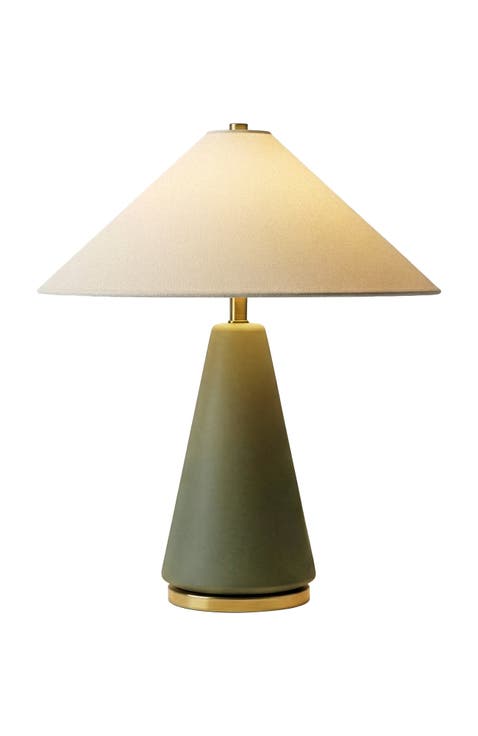 Dawn 19" Green Matte LED Table Lamp with Ivory Cotton Cone Shade and Brass Base