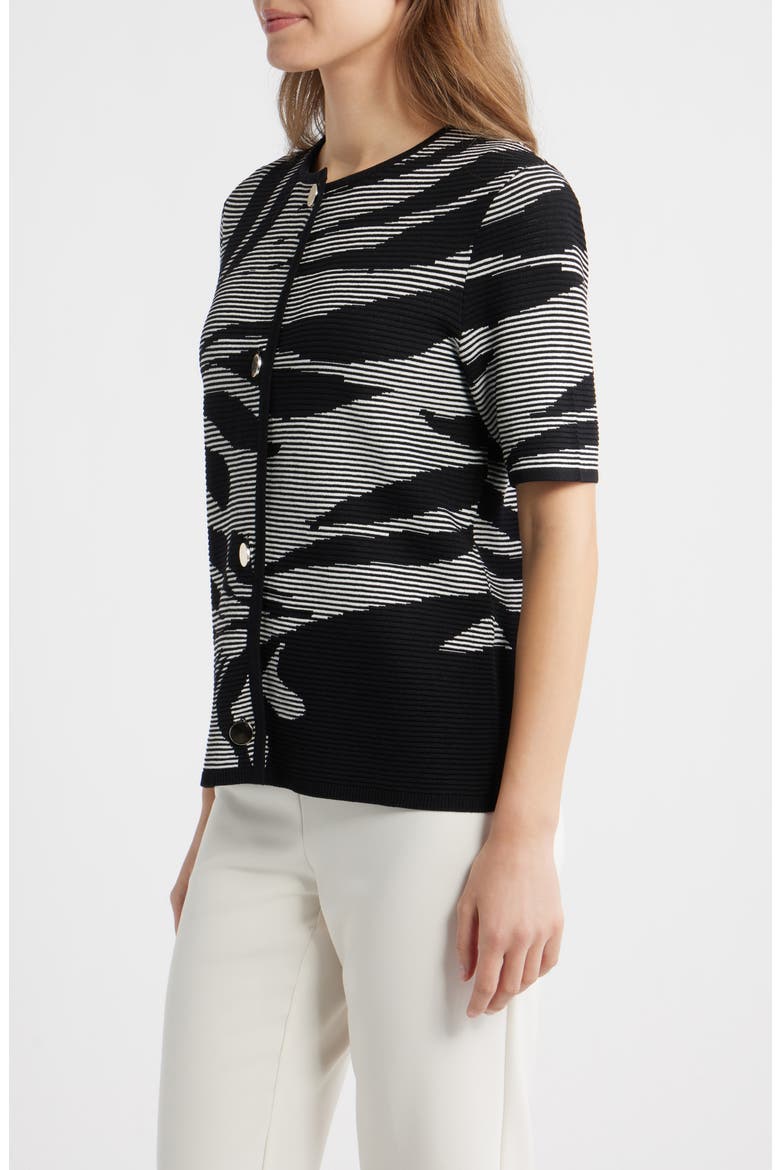 Ottoman Jacquard Short Sleeve Cardigan, Alternate, color, ANNE BLACK/ WHITE DOVE