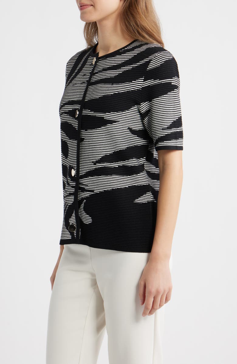 Anne Klein Ottoman Jacquard Short Sleeve Cardigan, Alternate, color, Anne Black/ White Dove