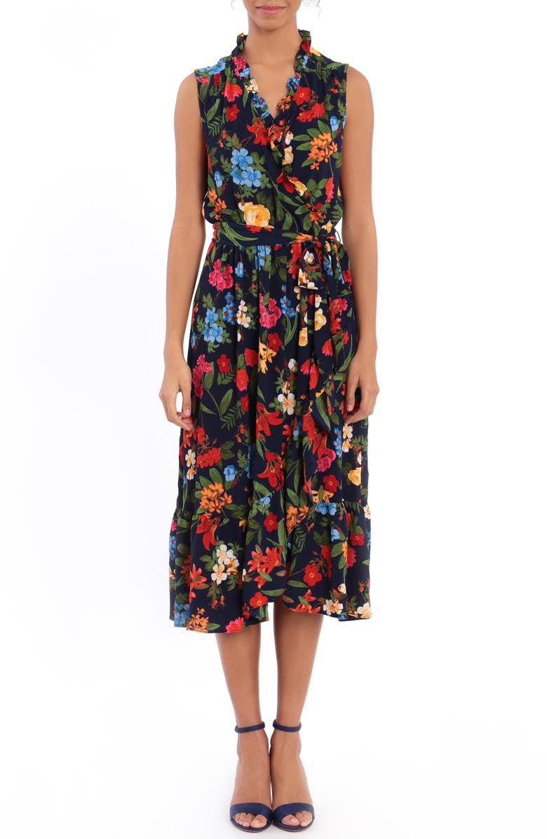 London Times Botanical Ruffle Wrap Dress, Main, color, 
