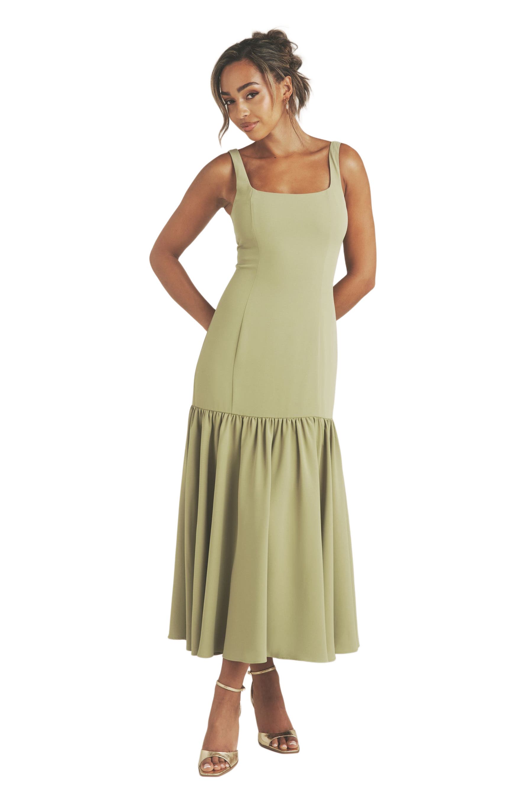 Square Neck Drop Hem Midi Dress