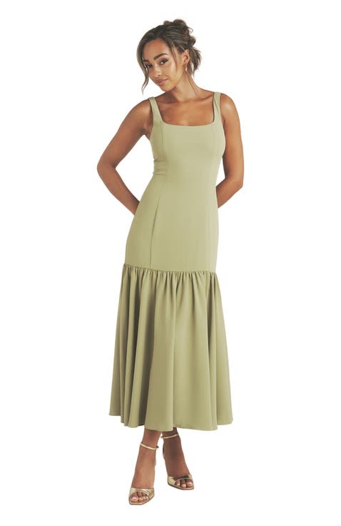 Square Neck Drop Hem Midi Dress