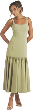 Six Stories Square Neck Drop Hem Midi Dress